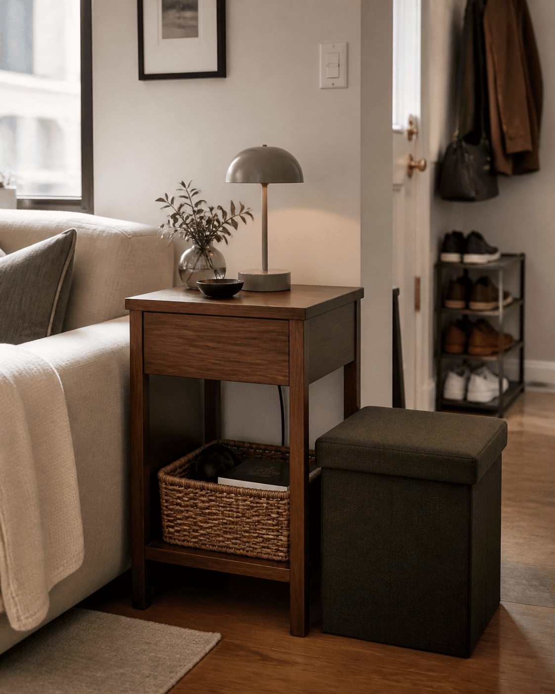 Compact living room with organized furniture
