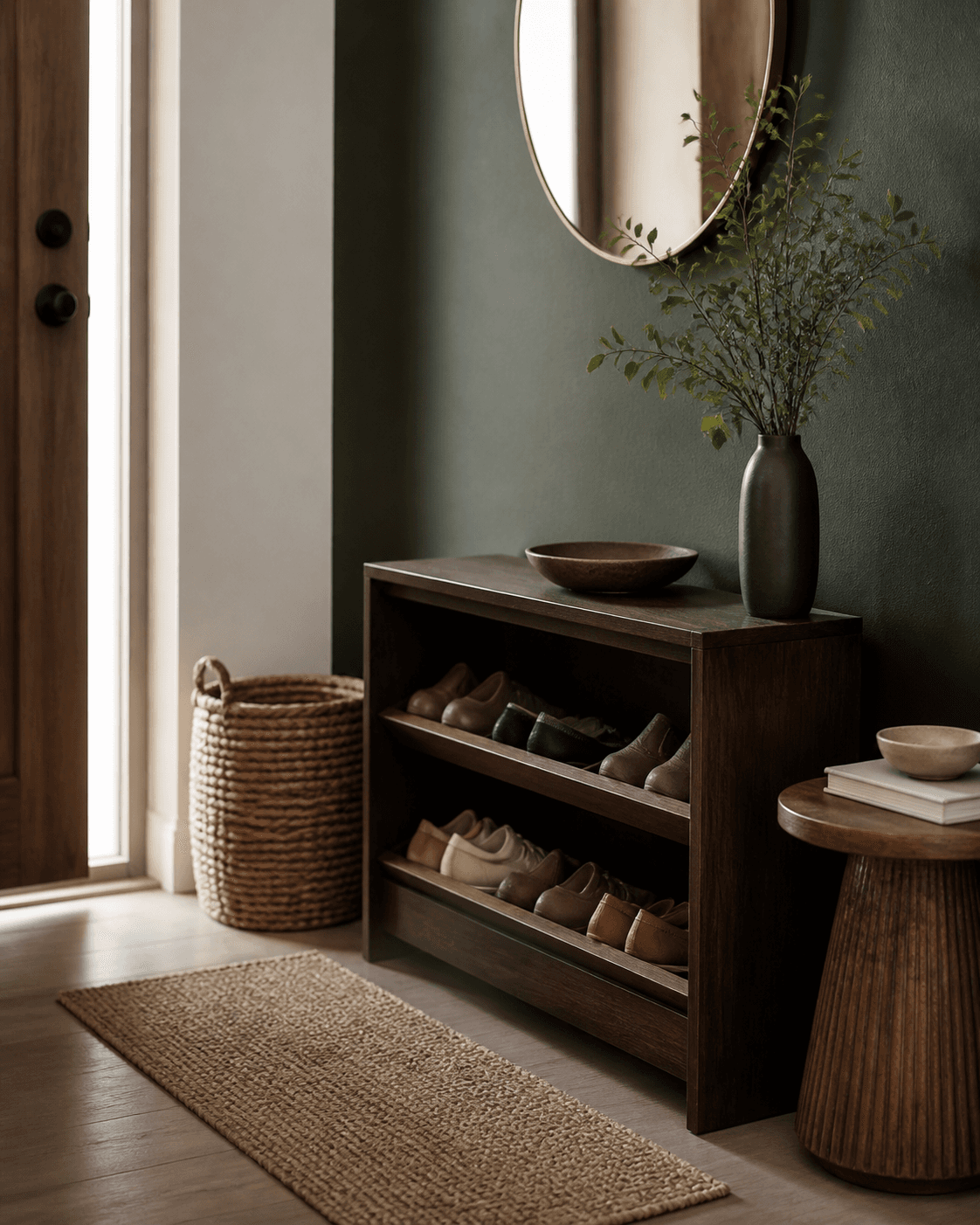 Slim shoe storage in a compact entryway